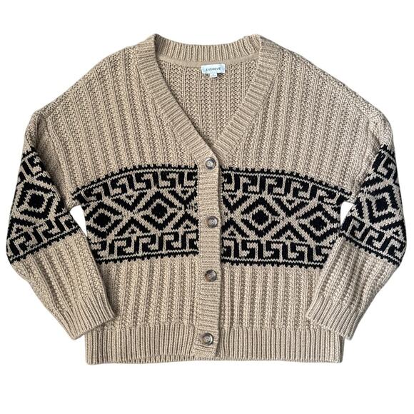 Evereve Amalie Tan Black Geometric Knit Button Up Cardigan Sweater Size Large - Picture 4 of 9